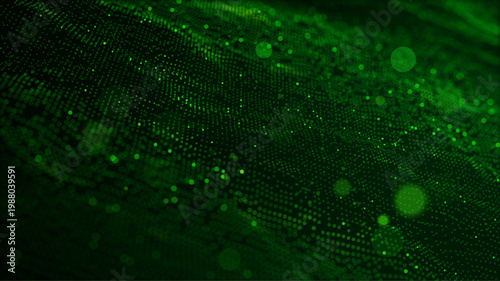 Futuristic green wave vector background with glowing particles and grid. Big data visualization, AI concept, data processing. Perfect for cybersecurity, blockchain tech presentation. Neon digital flow