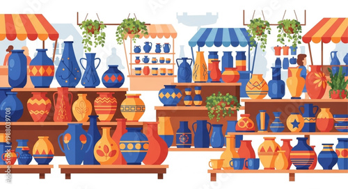 Colorful Ceramic Pottery Displayed at Outdoor Market Stalls.