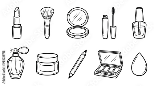 Various makeup and beauty products are depicted in a collection of hand-drawn outline icons, showcasing essential items for personal grooming and cosmetic application.