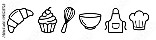 Baking and pastry icons set featuring various kitchen tools, delicious treats, and chef's apparel for culinary projects and designs.