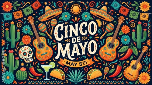 celebrating Cinco de Mayo,May 5 Cinco de Mayo festive graphic design showcases the lively spirit of a Mexican fiesta, incorporating classic symbols such as papel picado, chili peppers, and margaritas 