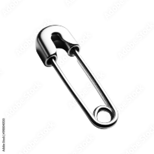 Safety pin isolated on white background, monochrome halftone illustration, fastening tool concept for sewing, repair and everyday use.