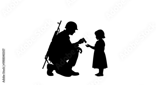Soldier helping young girl with water canteen in wartime silhouette illustration