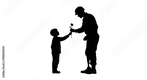 Father and son bonding moment with flower offering in silhouette against bright background