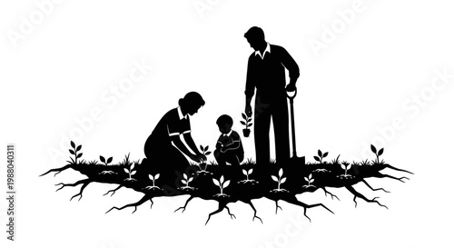 Family planting tree together in garden with exposed roots and soil for environmental conservation