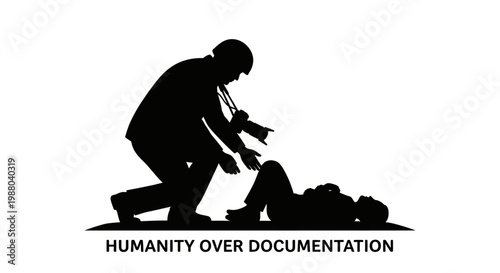 Photographer in Silhouette Kneeling to Help Injured Person Lying Down, Concept of Humanity Over Documentation
