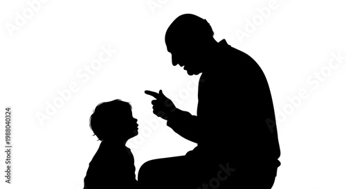 Silhouette of father scolding child with finger pointing, against white background