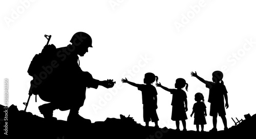 Soldier Silhouette Offering Aid to Children in Silhouette, Hope and Compassion Concept