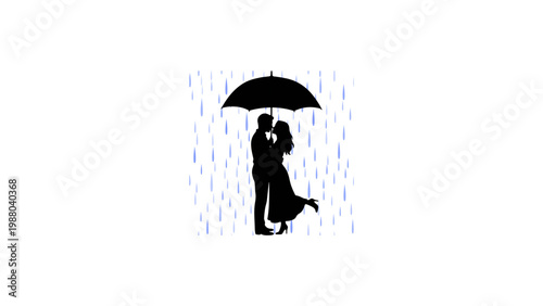 Romantic couple under umbrella in rain silhouette illustration

