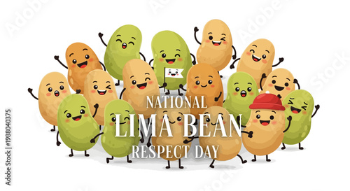 A vector illustration celebrates National Lima Bean Respect Day with a group of cartoon lima beans, some wearing hats and waving, against a clean white background in a cheerful, colorful