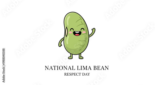 A cheerful cartoon lima bean character waves in a vector illustration promoting National Lima Bean Respect Day, set against a clean white background, conveying a healthy and fun food