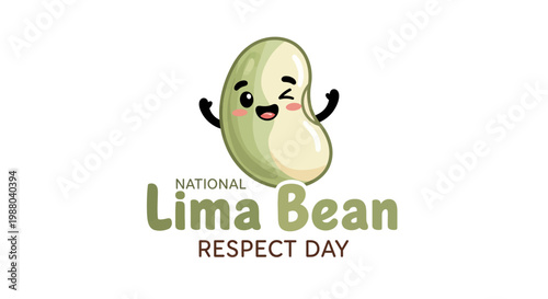A cheerful cartoon lima bean winks and waves next to 'National Lima Bean Respect Day' text in a celebratory vector illustration against a bright white backdrop, conveying a joyful