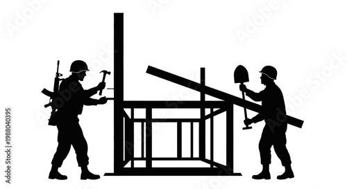 Silhouette of two construction workers building a house