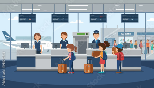 Illustration of a family checking in at an airport with flight attendants and a departures board in the background.