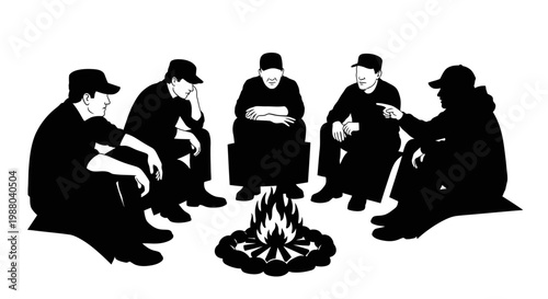 Group of vintage detectives in trench coats gathered around campfire discussing mystery case
