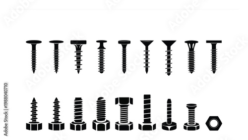 Collection of Black Silhouettes of Various Screws and Bolts on White Background