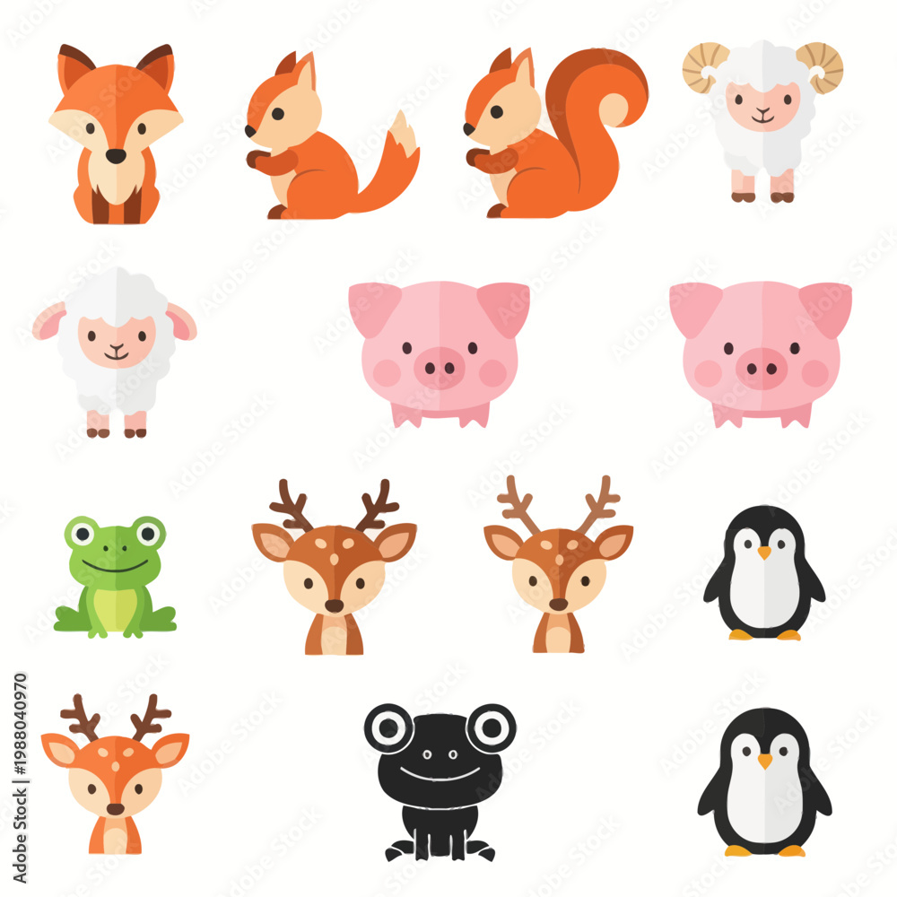 Fototapeta premium Cute Woodland Animals Collection: Fox, Squirrel, Sheep, Pig, Deer, Frog, Penguin Icons