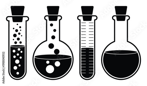Collection of four laboratory flasks and test tubes with liquids and bubbles