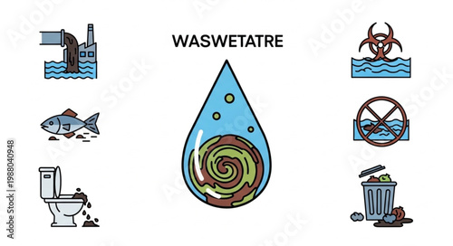 Water pollution icons showing environmental damage and waste management.