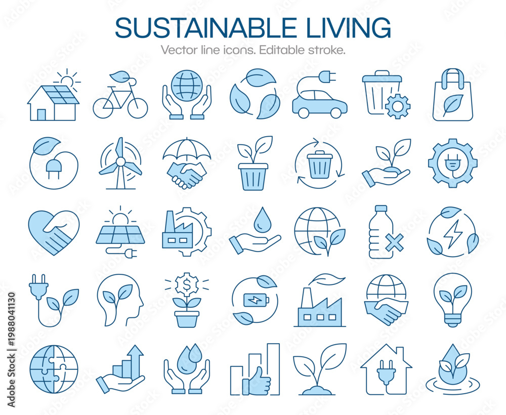 Fototapeta premium Sustainable living thin line icons, such as eco home, recycling, green energy, electric transport and more. Editable stroke vector illustrations.