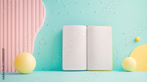 A colorful notebook with geometric patterns on the cover, lying open to a blank page ready for ideas.