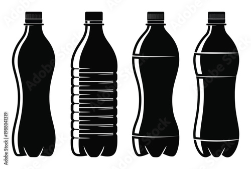 Four Black Silhouette Plastic Bottles on White Background