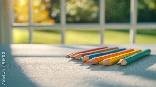A close up of vibrant colored pencils scattered on a desk, inviting creativity and imagination.