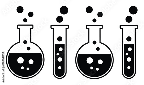 Four science lab beakers and test tubes with bubbling liquid and vapor