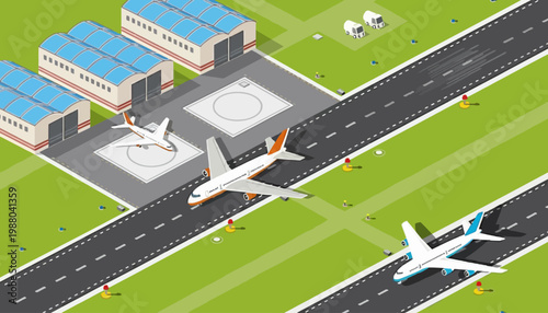 Overhead view of airplanes on a runway with terminal buildings in the background.