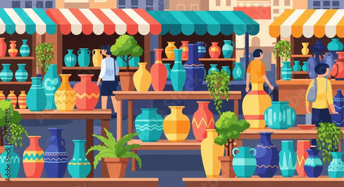 Colorful pottery market stalls with people browsing unique vases.
