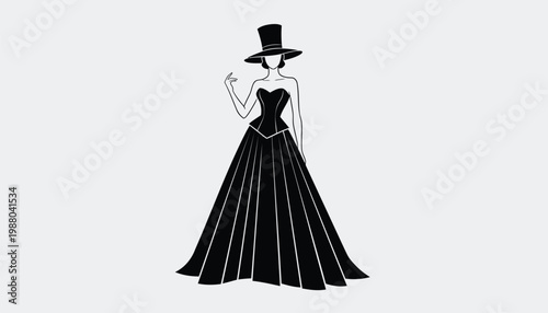 Elegant woman, black dress, formal illustration, fashion icon, top hat