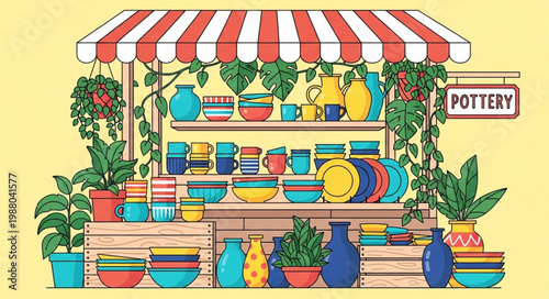 Colorful Pottery Stall Displaying Various Ceramic Items.