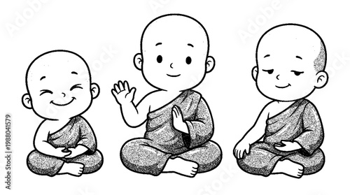 Three smiling buddha statues in various poses
