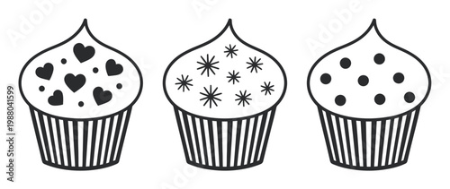 Three hand-drawn cupcakes with different decorative toppings: hearts, stars, and dots