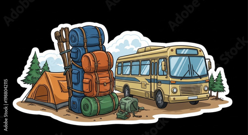 Vintage Camper Bus and Camping Gear Ready for Adventure.