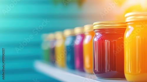 Colorful product labels on jars of jam, offering a vibrant and inviting display in a store.