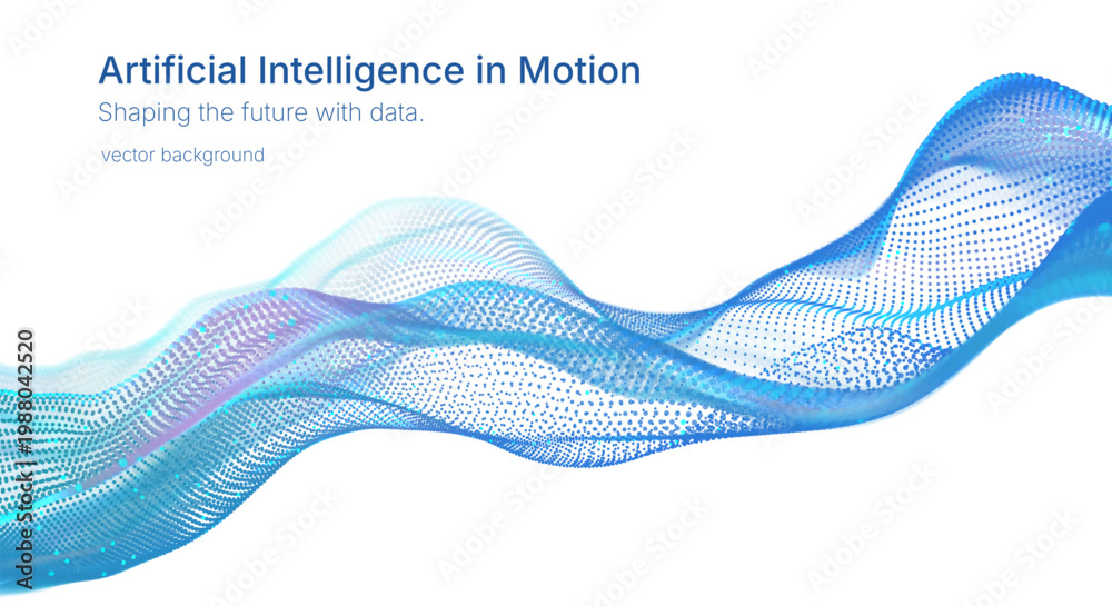 Obraz premium Abstract futuristic blue wave with floating particles and flowing lines on white vector background. Data flow concept for professional finance report, consulting pitch, e-learning, corporate banner