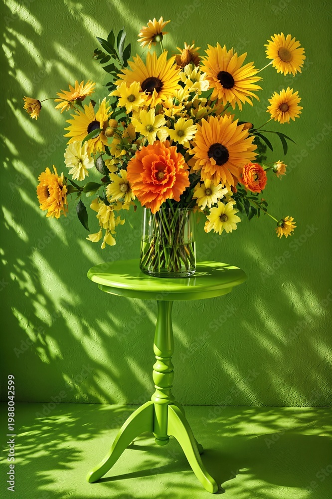 Fototapeta premium Vibrant Floral Arrangement on Green Table