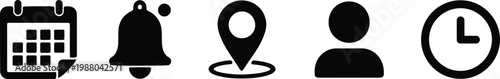 Calendar, notification, location, user and clock interface icon set.