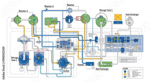 Complex industrial hydraulic system schematic diagram illustration.