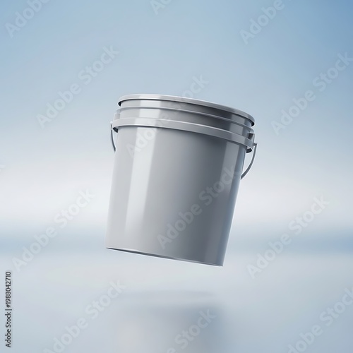 A gray plastic bucket floating against a soft blue and white background with reflections. 5 gallon pail bucket