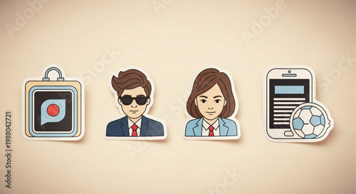 Cartoon characters and mobile phone with soccer ball.