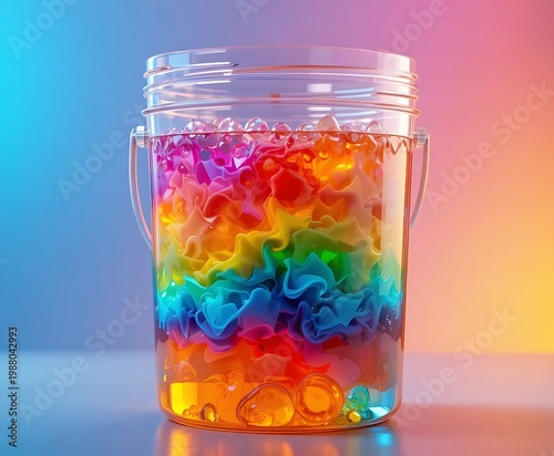 A clear plastic jar filled with vibrant multicolored hydrogel water beads against a pastel background. 5 gallon pail bucket