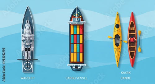 Top view of a sailboat a cargo ship and two kayaks.