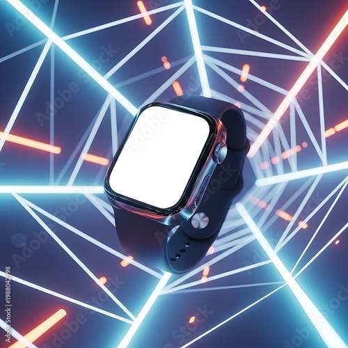 A modern smartwatch with a blank white screen floating in a futuristic digital neon background. apple watch mockup