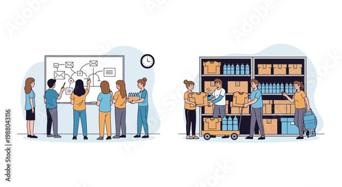 On volunteer recognition day, a group of diverse volunteers collaboratively plan community service strategies on a whiteboard, while others organize donations in a warehouse with shelves