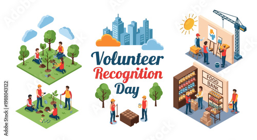 Isometric vector art for Volunteer Recognition Day 2026 showcases community service, depicting people planting trees, gardening, building structures, and donating goods in a colorful