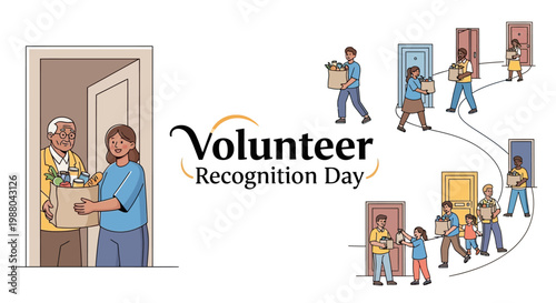 On Volunteer Recognition Day, a vector illustration shows people delivering donation boxes to homes, symbolizing community service and volunteer appreciation, set against a clean, bright
