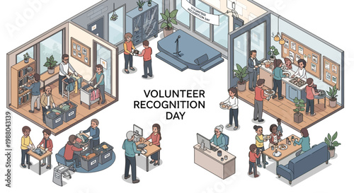 Isometric vector art depicts a Volunteer Recognition Day event, showcasing volunteers engaging in various community service activities within a building, rendered with a flat design style
