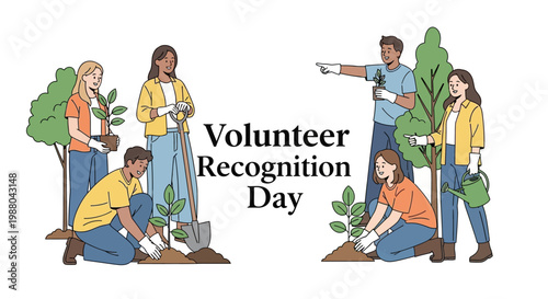 Diverse group of volunteers participating in a community service project by planting trees, illustrated with a flat design style on Volunteer Recognition Day, set against a clean white